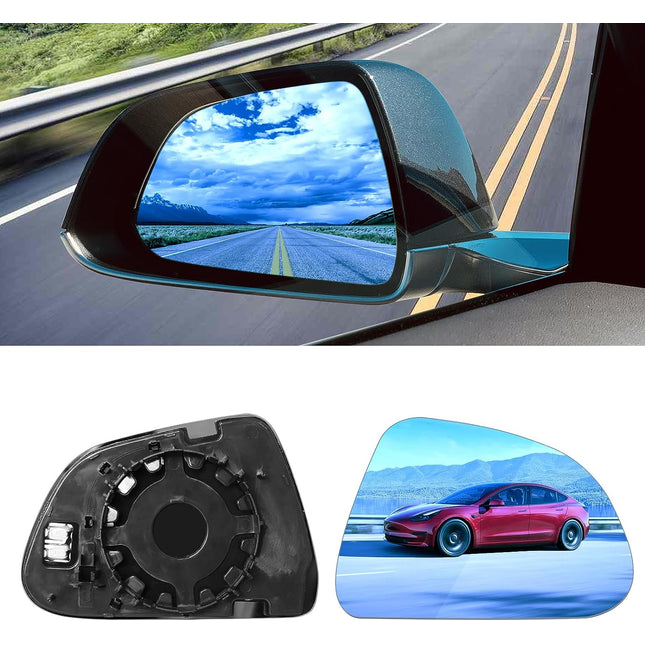 Jaronx Compatible with Tesla Model 3 Side Mirror Glass Replacement 2PCS, Heated Defogging Anti Glare Model 3 Rear View Mirror, Blue Mirror Glass Lens for Model 3 2017-2023 (Driver Side+Passenger Side)