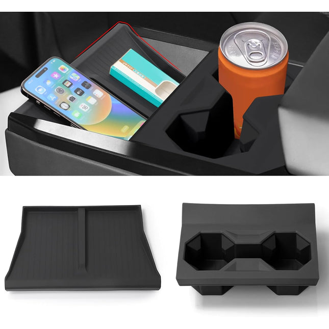 Jaronx Compatible with Tesla Cybertruck Cup Holder Insert and Wireless Charging Pad, Silicone Console Organizer Tray for 2024 Tesla Cybertruck Accessories, Center Console Interior Accessories (2PCS)