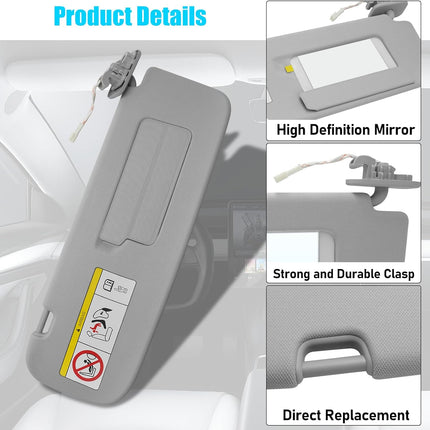 Jaronx Compatible with Tesla Model 3/Y Sun Visor 2017-2023, 1490406-01-B, Passenger Side Sunvisor Replacement with Vanity Mirror, Grey Sunroof Sun Visor for Tesla Model 3 Model Y 2017-2023 (Right)