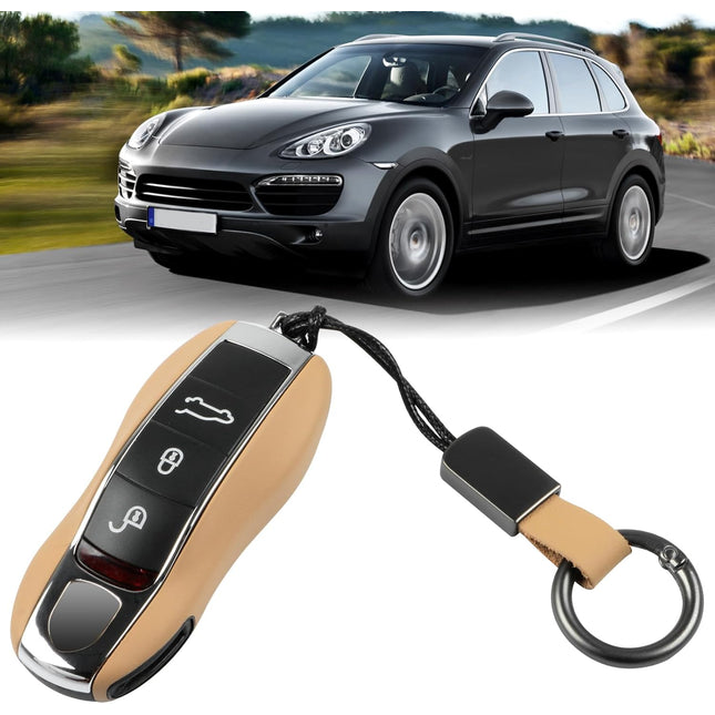 Leather Key Fob Cover For Porsche Cayenne Panamera Macan Cayman 911 (A-Model Beige) | Jaronx