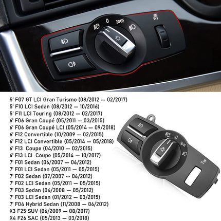 Jaronx Compatible with BMW Headlight Control Switch Set,4PCS Headlight Switch Button Panel Control Cover Kit, Headlight Knob Headlight Control Frame Foglight Button for 5 F10,6 F12,7 F01,X3 F25,X4 F26