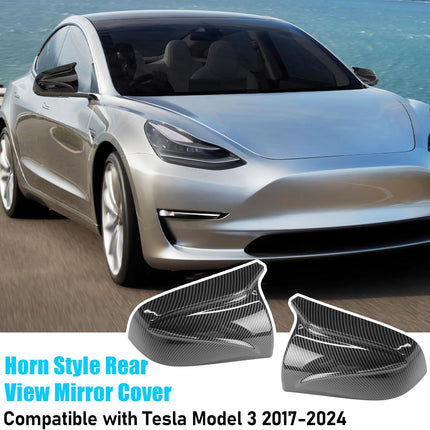 Jaronx Compatible with Tesla Model 3 Side Mirror Cover 2017-2024, Horns M Style Carbon Fiber Pattern Rear View Mirror Cover,Clip-on Left Driver and Right Side Mirror Caps for Tesla Model 3 Accessories