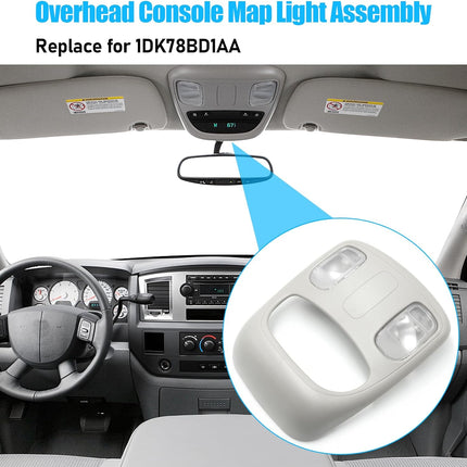 Jaronx Compatible with Dodge RAM Overhead Console for 2002-2010 Ram 1500/2500/3500/4500/5500, 1DK78BD1AA Overhead Console Map Light Assembly w/Wiring Bulbs, Overhead Dome Light Roof Console Housing