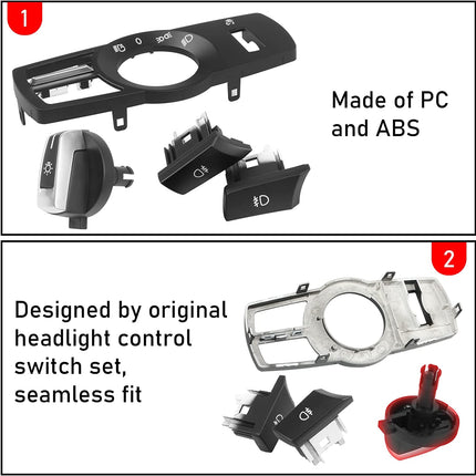 Jaronx Compatible with BMW Headlight Control Switch Set,4PCS Headlight Switch Button Panel Control Cover Kit, Headlight Knob Headlight Control Frame Foglight Button for 5 F10,6 F12,7 F01,X3 F25,X4 F26