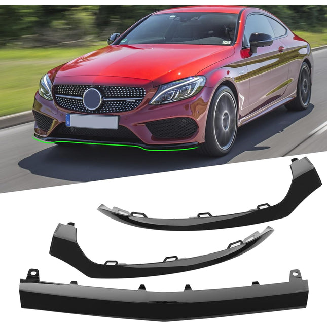 For Mercedes-Benz W205 Front Bumper Trim Molding 2015-2018, 3PCS Glossy Black Bumper Lower Trim Replacement for Mercedes W205 C300 C400 C350 C63 with AMG-LINE Sport Model