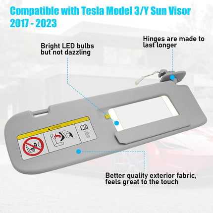 Jaronx Compatible with Tesla Model 3/Y Sun Visor 2017-2023, 1490406-01-B, Passenger Side Sunvisor Replacement with Vanity Mirror, Grey Sunroof Sun Visor for Tesla Model 3 Model Y 2017-2023 (Right)