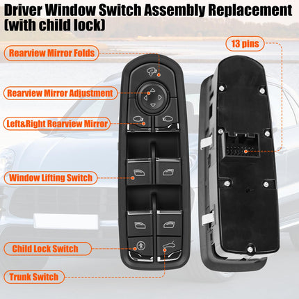 Porsche Driver Side Window Switch for Cayenne/Macan/Panamera, 7PP959858MDML (13 Pins, w/o Lane Assist), Master Power Window Control | Jaronx