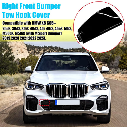 For BMW X5 G05 M Sport Front Bumper Tow Hook Hitch Cover 2019-2023 | Painted Black Right Front Bumper Tow Trailer Eye Hook Cover Cap Replacement, for BMW 51118069237| Jaronx