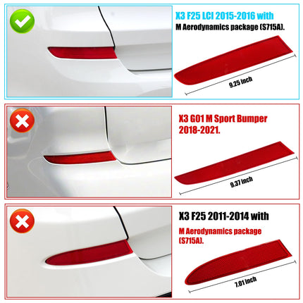 For BMW Rear Bumper Reflector for X3 F25 LCI 2015-2016, Left & Right Rear Bumper Red Marker Lights Lens Trim,Tail Reflector Light Replacement for BMW X3 63257352209 63257352210| Jaronx
