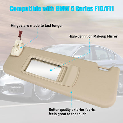 BMW Sun Visor for 5 Series F10/F11 2010-2016, Left Driver Side Sunvisor Replacement with Mirror for BMW 520i 523i 525i 528i 530i 535i 550i, 51167248857 (Beige, Left)| Jaronx