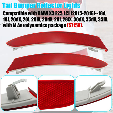 For BMW Rear Bumper Reflector for X3 F25 LCI 2015-2016, Left & Right Rear Bumper Red Marker Lights Lens Trim,Tail Reflector Light Replacement for BMW X3 63257352209 63257352210| Jaronx