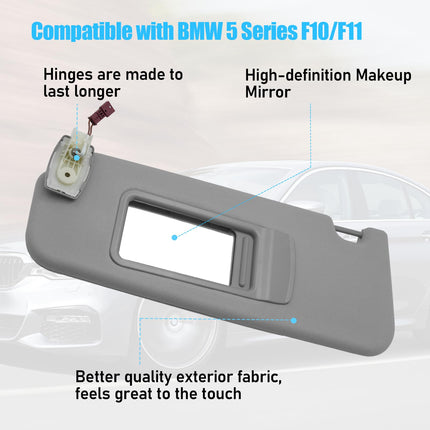 BMW 5 Series F10/F11 2010-2016 Left Sun Visor (with Mirror, Gray) | Jaronx