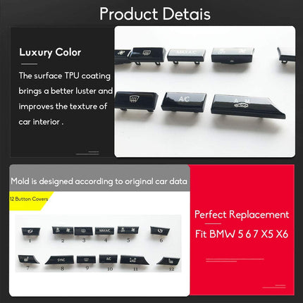 For BMW 5 6 7 X5 X6 A/C Climate Control Button Covers 12PCS| Bright Black | Jaronx