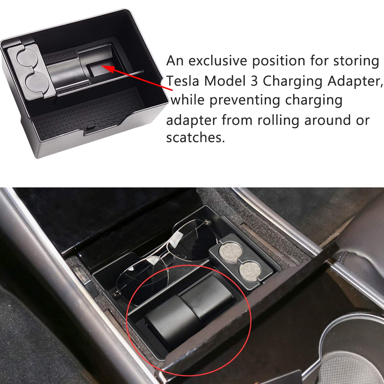 Jaronx for Tesla Model 3 Model Y Center Console Organizer Tray, Armrest  Storage Box Tray with Charging Adapter Holder + Coin Box (Fit: Tesla Model  3